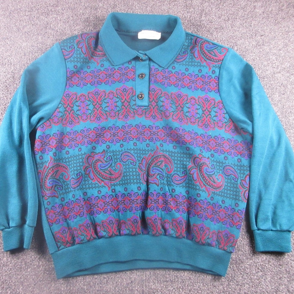 Vintage Simply Petites Sweater Womens Petite M Blue Paisley Collared‎ Henley 80s